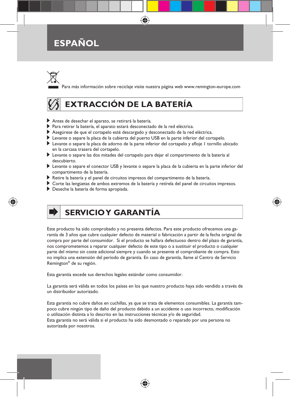 Español, Extracción de la batería, Servicio y garantía | Remington HC5750 User Manual | Page 42 / 162