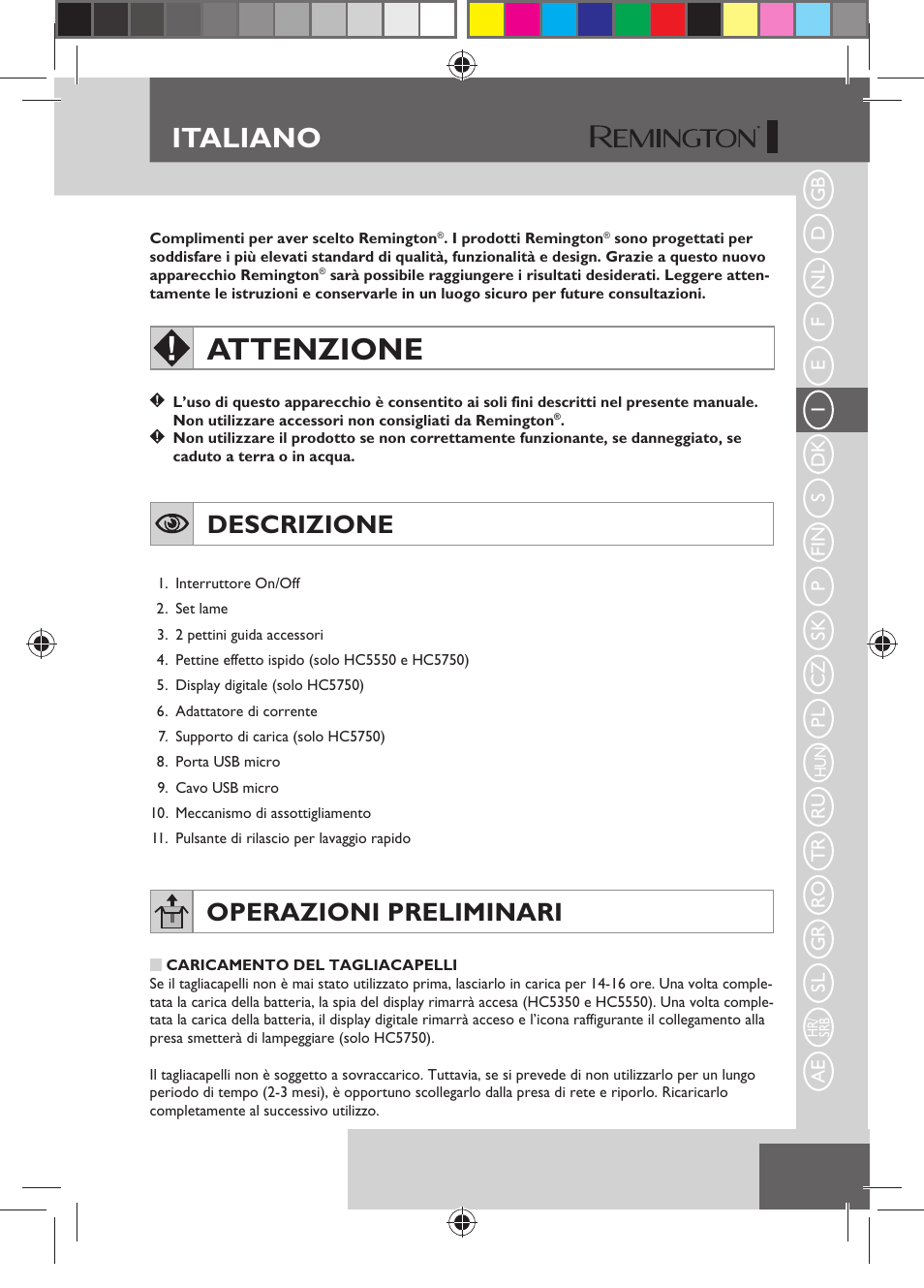 Attenzione, Italiano, Descrizione | Operazioni preliminari | Remington HC5750 User Manual | Page 43 / 162