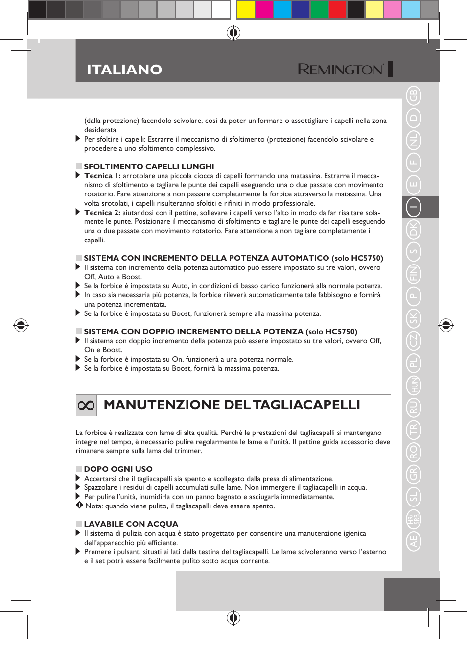 Italiano, Manutenzione del tagliacapelli | Remington HC5750 User Manual | Page 47 / 162