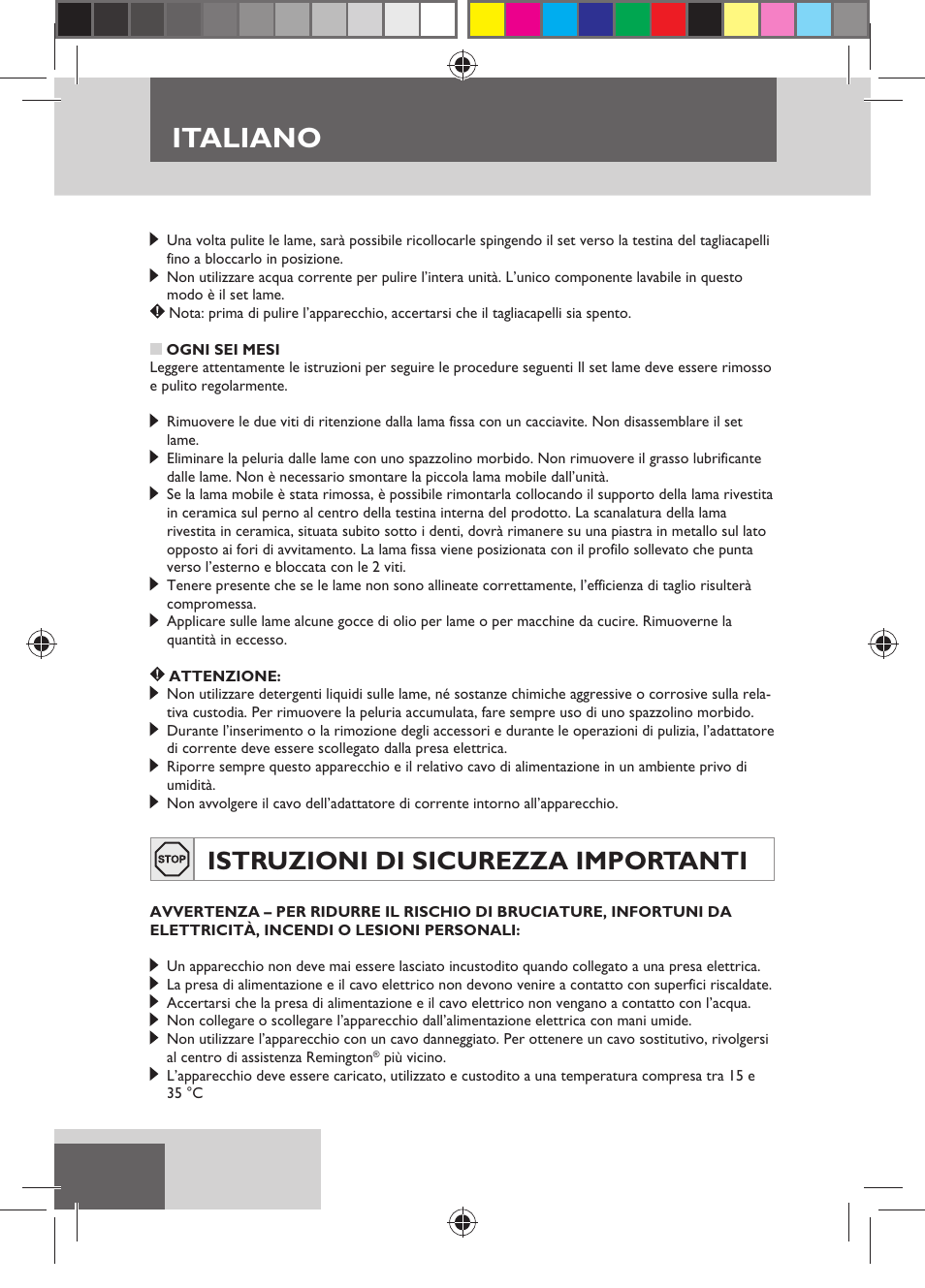 Italiano, Istruzioni di sicurezza importanti | Remington HC5750 User Manual | Page 48 / 162