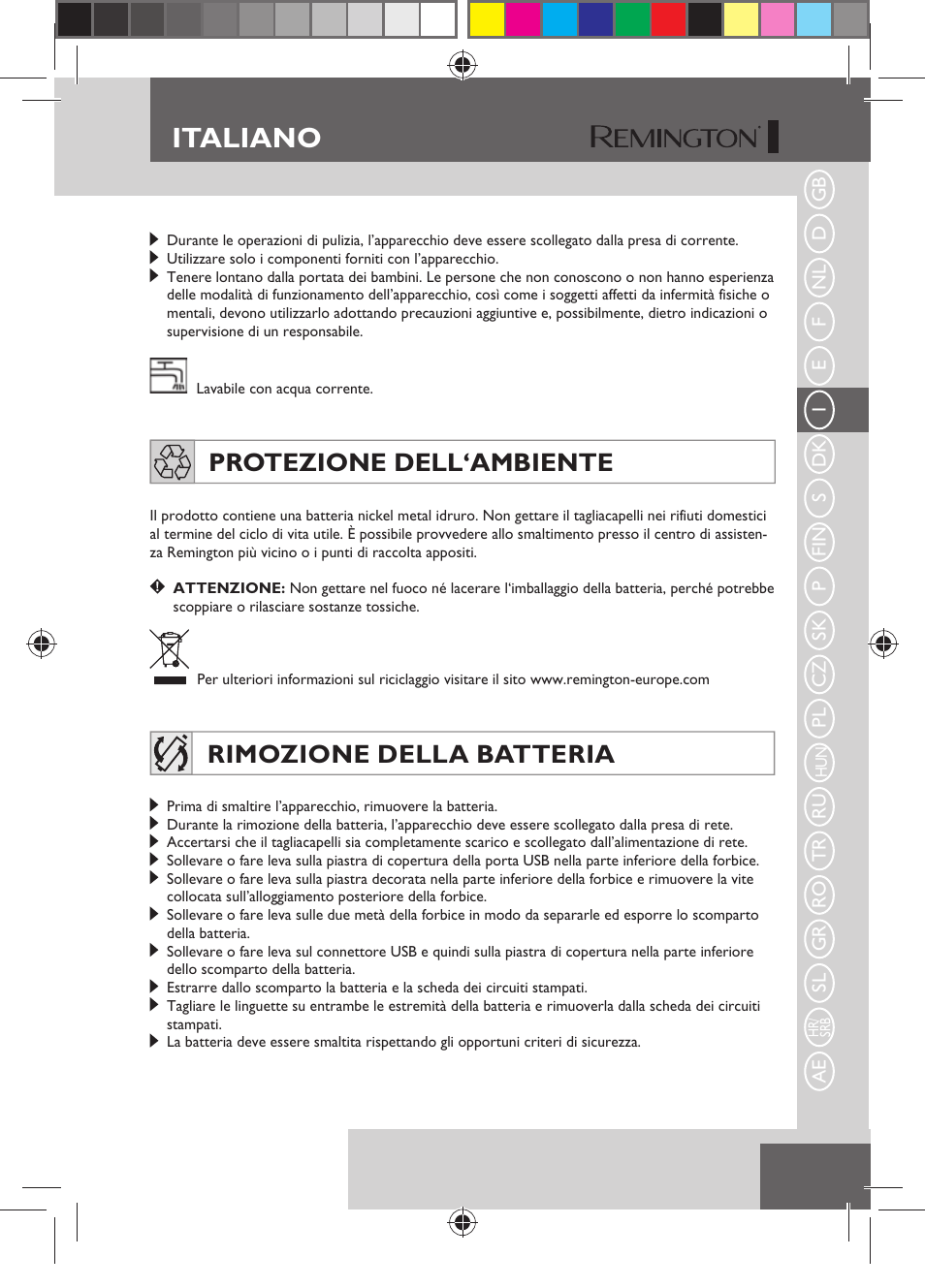 Italiano, Protezione dell‘ambiente, Rimozione della batteria | Remington HC5750 User Manual | Page 49 / 162