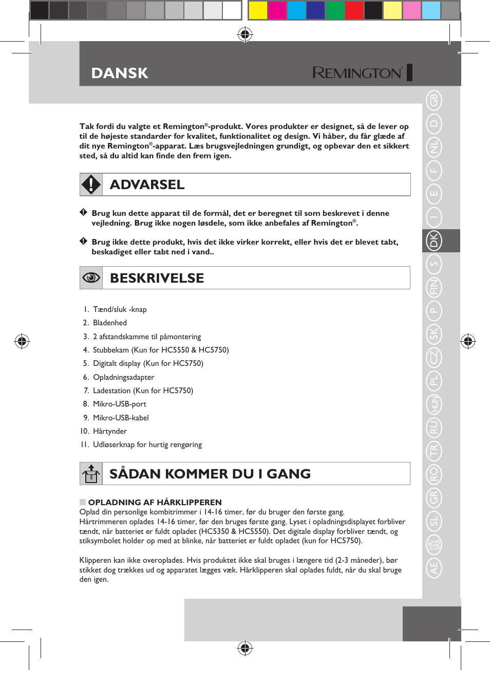 Dansk, Advarsel, Beskrivelse | Sådan kommer du i gang | Remington HC5750 User Manual | Page 51 / 162