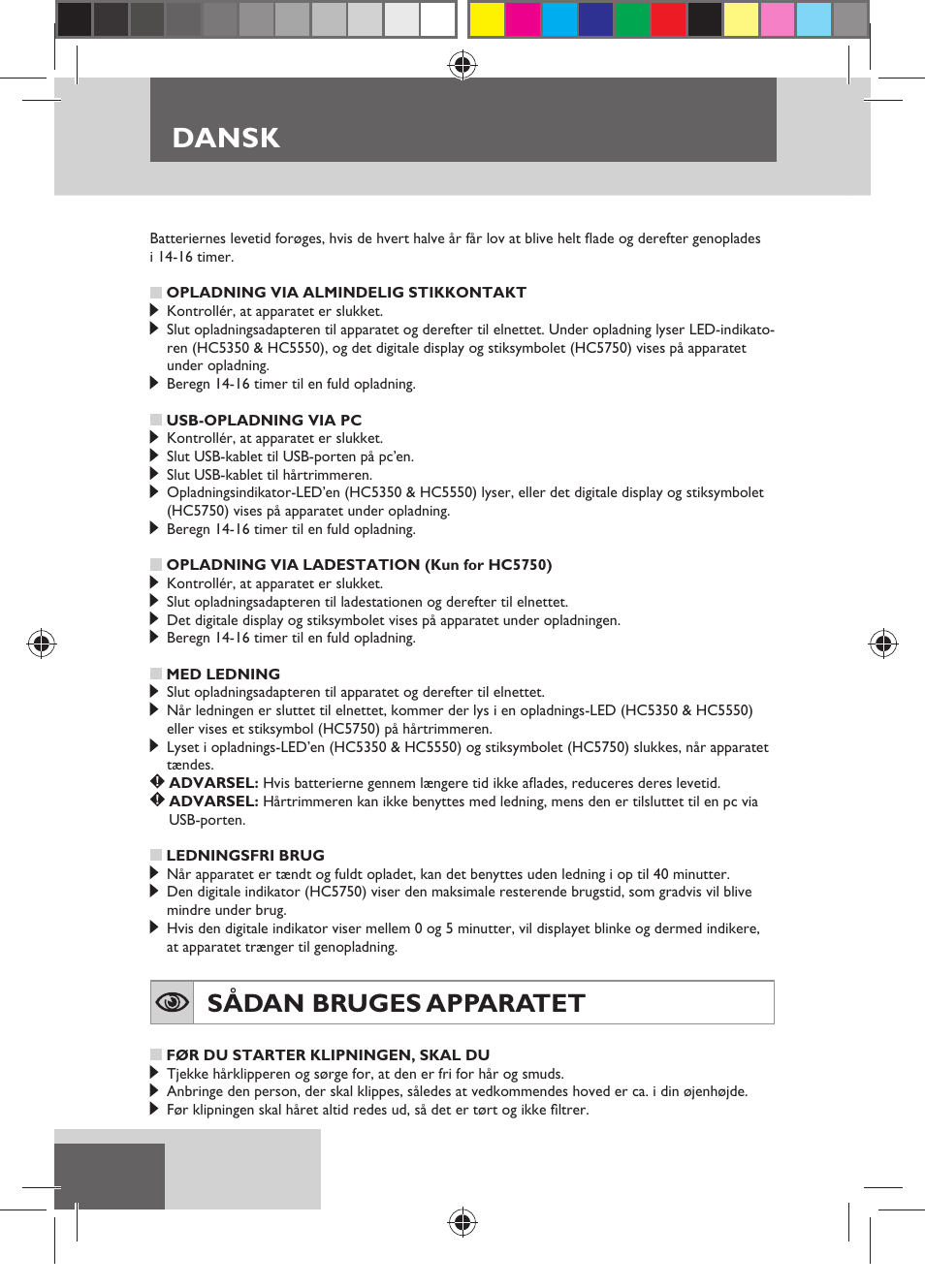 Dansk, Sådan bruges apparatet | Remington HC5750 User Manual | Page 52 / 162