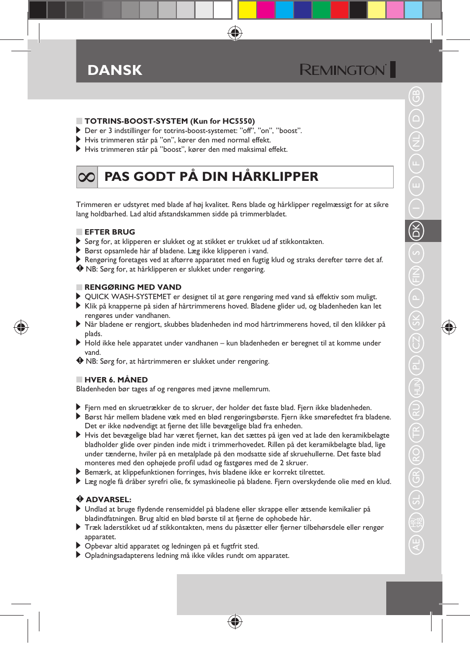 Dansk, Pas godt på din hårklipper | Remington HC5750 User Manual | Page 55 / 162