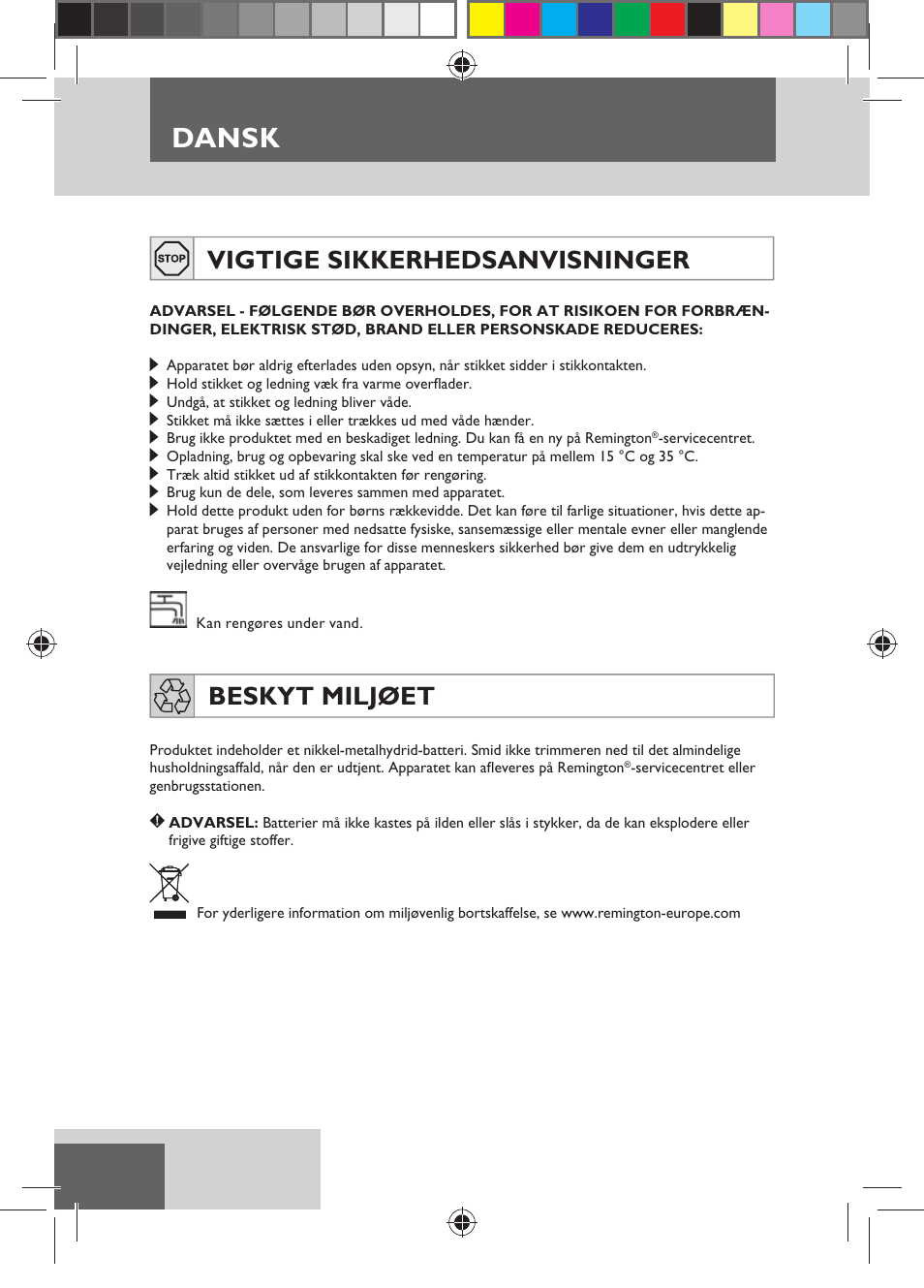 Dansk, Vigtige sikkerhedsanvisninger, Beskyt miljøet | Remington HC5750 User Manual | Page 56 / 162