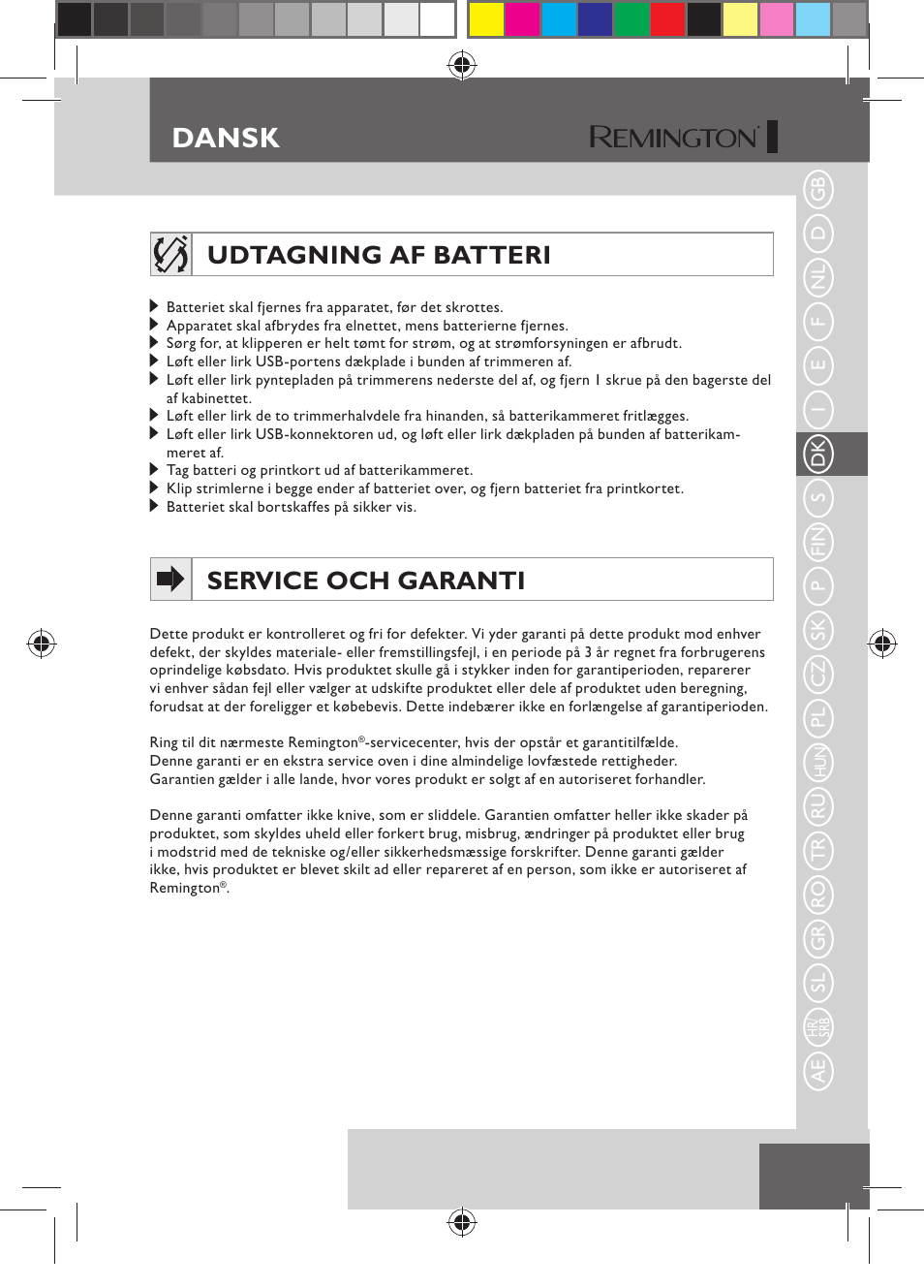 Dansk, Udtagning af batteri, Service och garanti | Remington HC5750 User Manual | Page 57 / 162