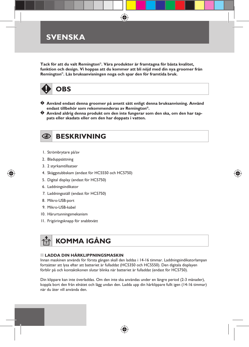 Svenska, Beskrivning, Komma igång | Remington HC5750 User Manual | Page 58 / 162