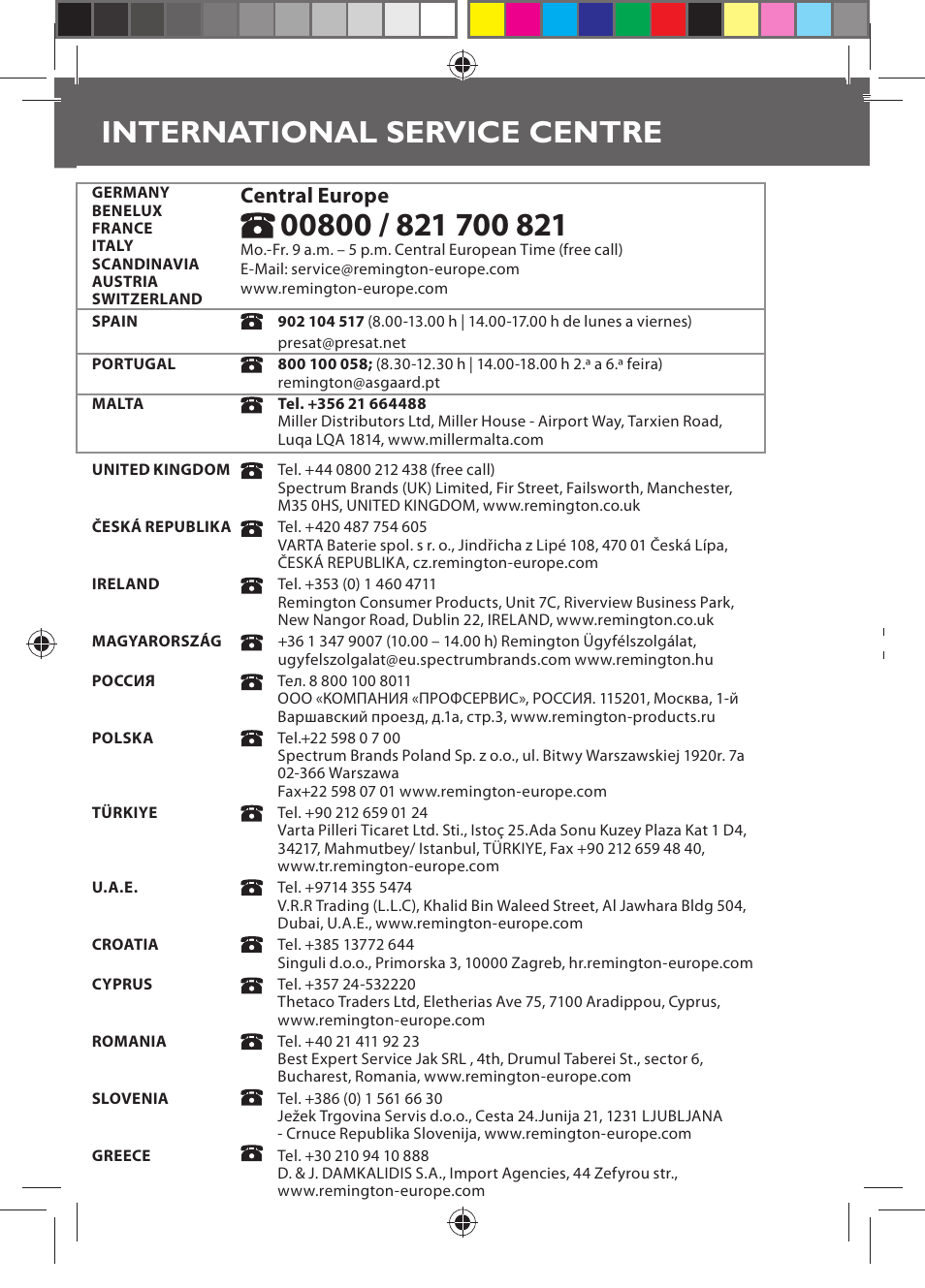 International service centre, Central europe | Remington HC5750 User Manual | Page 6 / 162