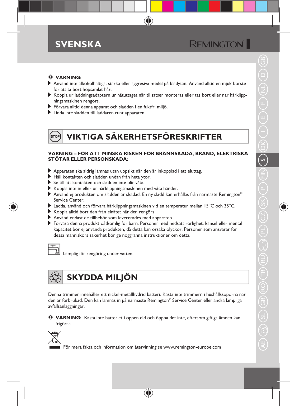 Svenska, Viktiga säkerhetsföreskrifter, Skydda miljön | Remington HC5750 User Manual | Page 63 / 162