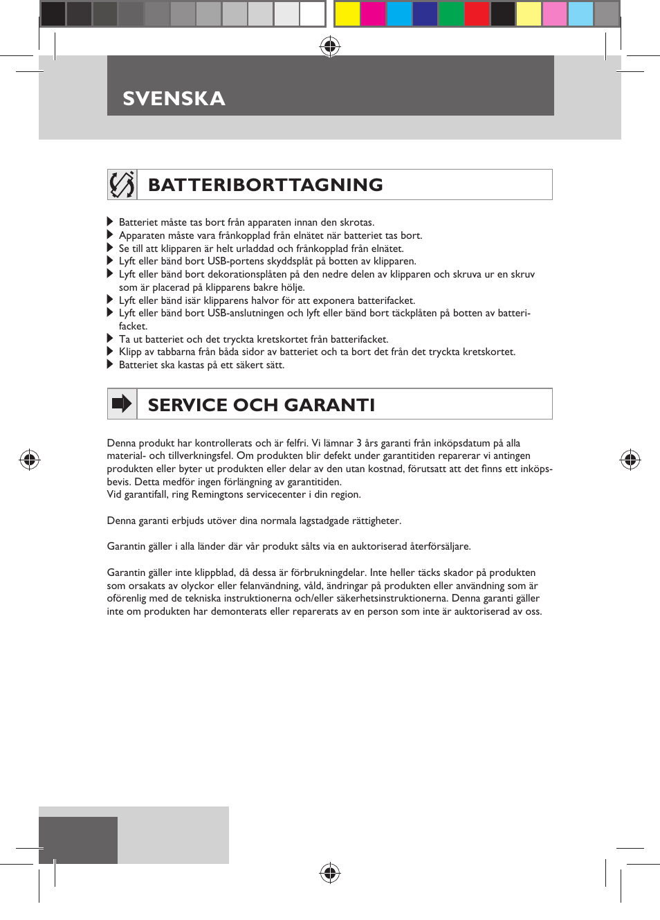 Svenska, Batteriborttagning, Service och garanti | Remington HC5750 User Manual | Page 64 / 162