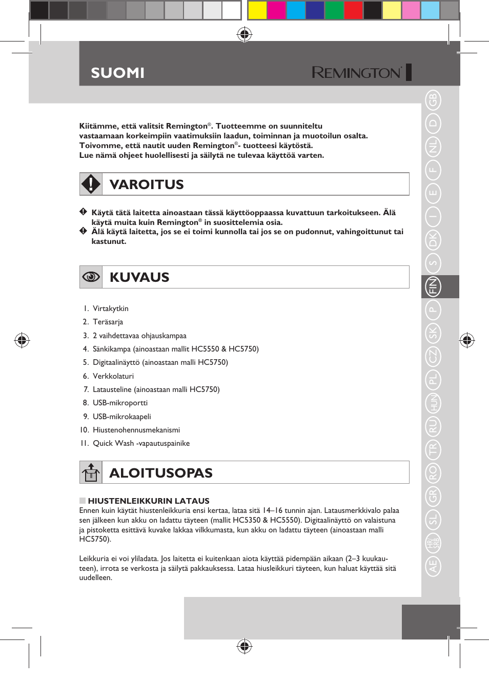 Suomi, Varoitus, Kuvaus | Aloitusopas | Remington HC5750 User Manual | Page 65 / 162