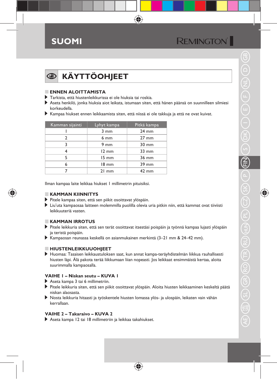Suomi, Käyttöohjeet | Remington HC5750 User Manual | Page 67 / 162