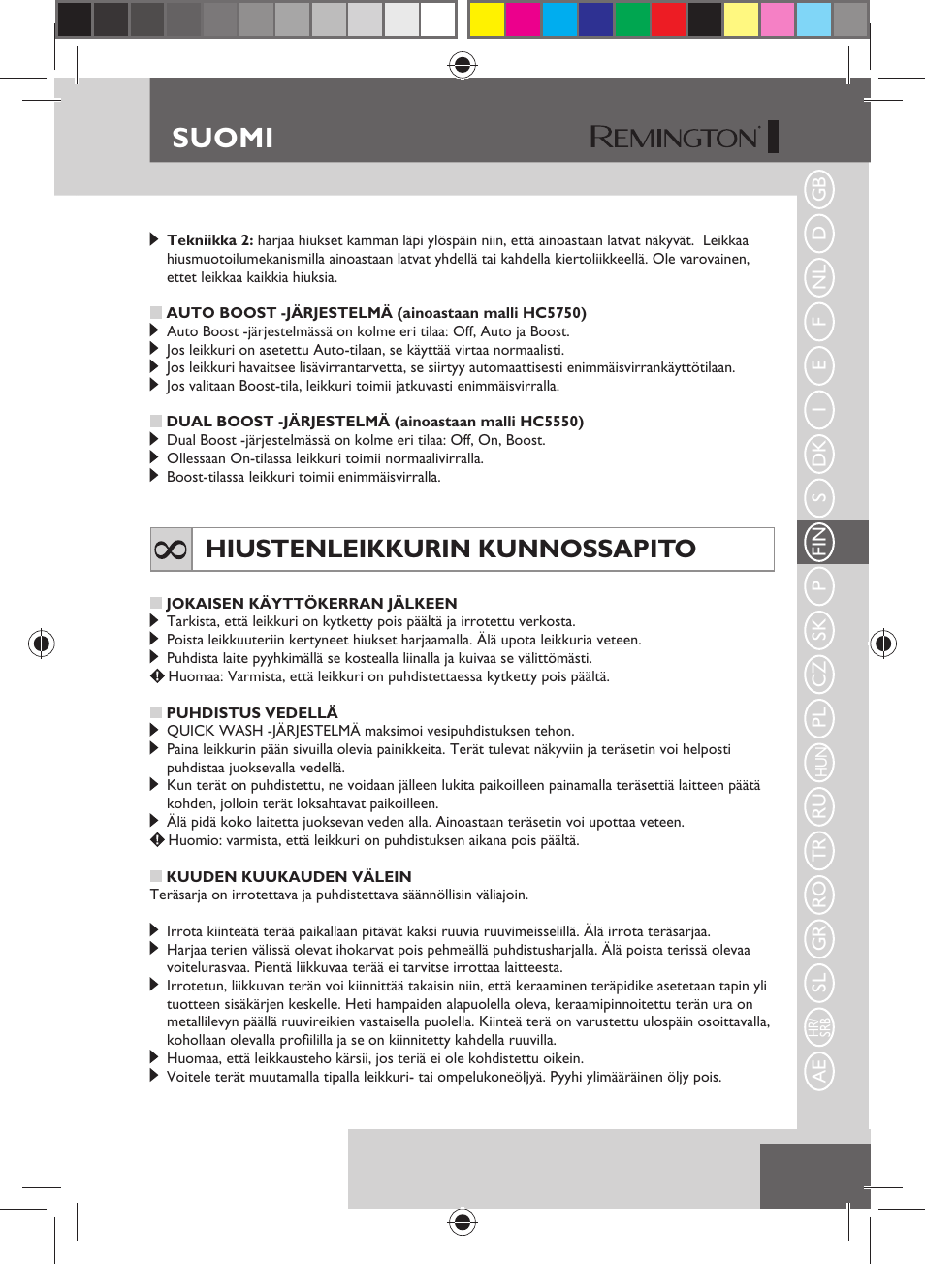 Suomi, Hiustenleikkurin kunnossapito | Remington HC5750 User Manual | Page 69 / 162