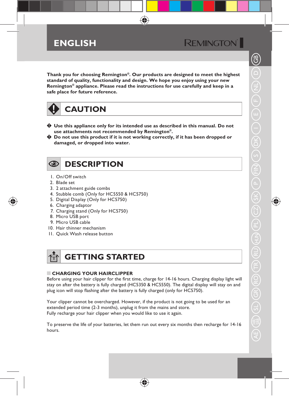 English, Caution, Description | Getting started | Remington HC5750 User Manual | Page 7 / 162