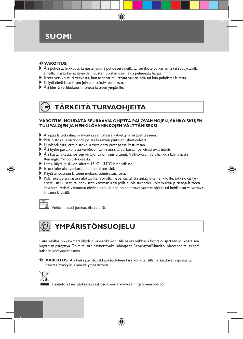 Suomi, Tärkeitä turvaohjeita, Ympäristönsuojelu | Remington HC5750 User Manual | Page 70 / 162