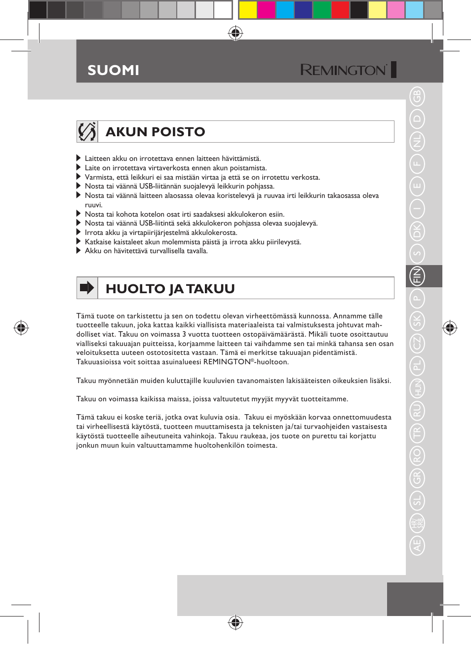 Suomi, Akun poisto, Huolto ja takuu | Remington HC5750 User Manual | Page 71 / 162