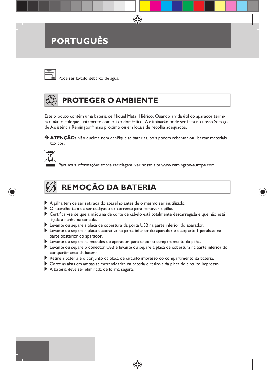 Português, Proteger o ambiente, Remoção da bateria | Remington HC5750 User Manual | Page 78 / 162