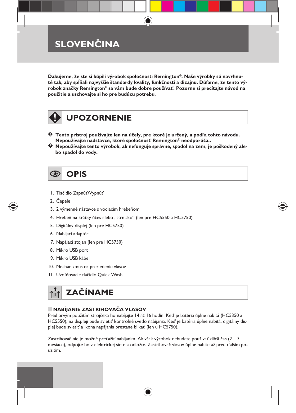 Slovenčina, Upozornenie, Opis | Začíname | Remington HC5750 User Manual | Page 80 / 162