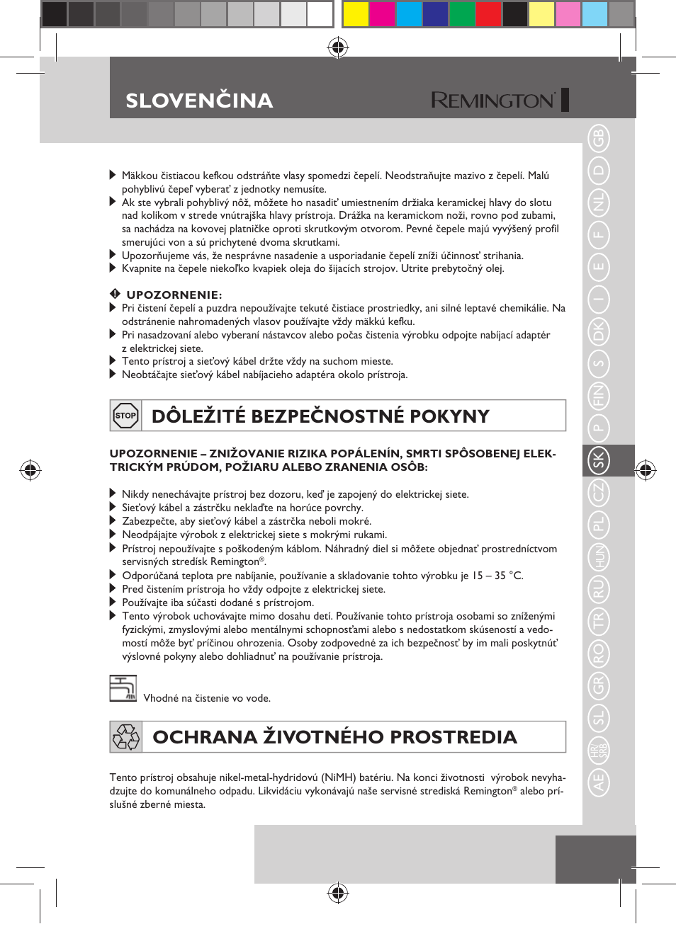 Slovenčina, Dôležité bezpečnostné pokyny, Ochrana životného prostredia | Remington HC5750 User Manual | Page 85 / 162