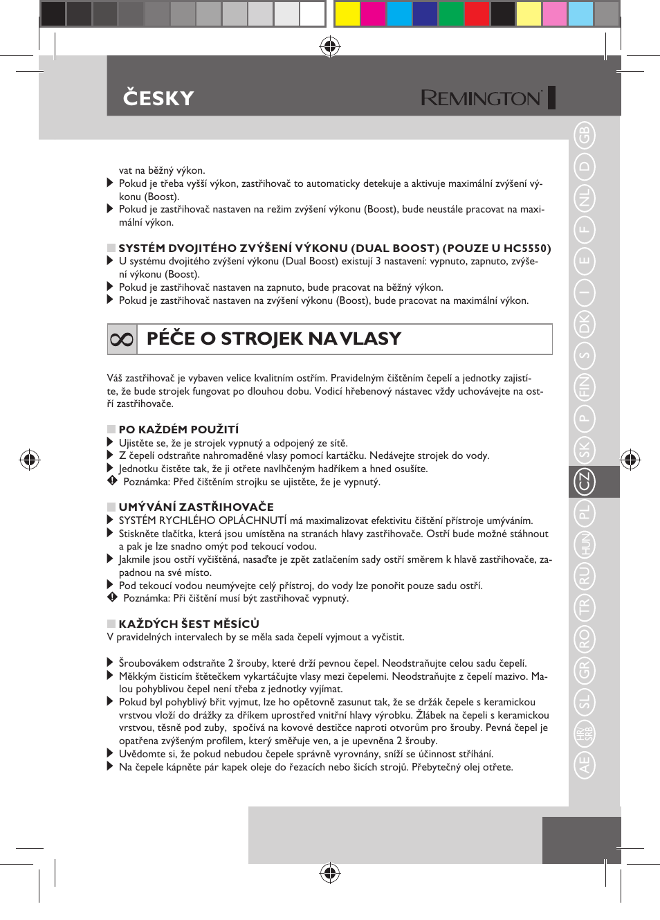 Česky, Péče o strojek na vlasy | Remington HC5750 User Manual | Page 91 / 162