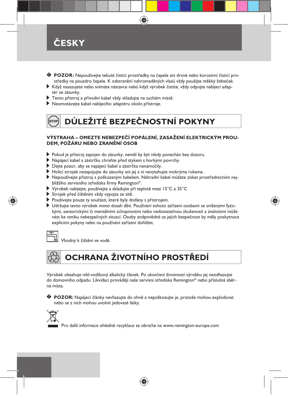 Česky, Důležité bezpečnostní pokyny, Ochrana životního prostředí | Remington HC5750 User Manual | Page 92 / 162