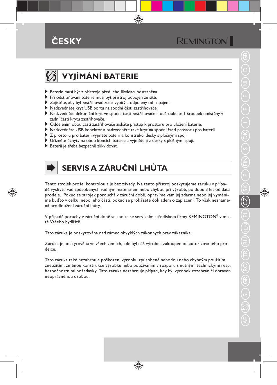 Česky, Vyjímání baterie, Servis a záruční lhůta | Remington HC5750 User Manual | Page 93 / 162