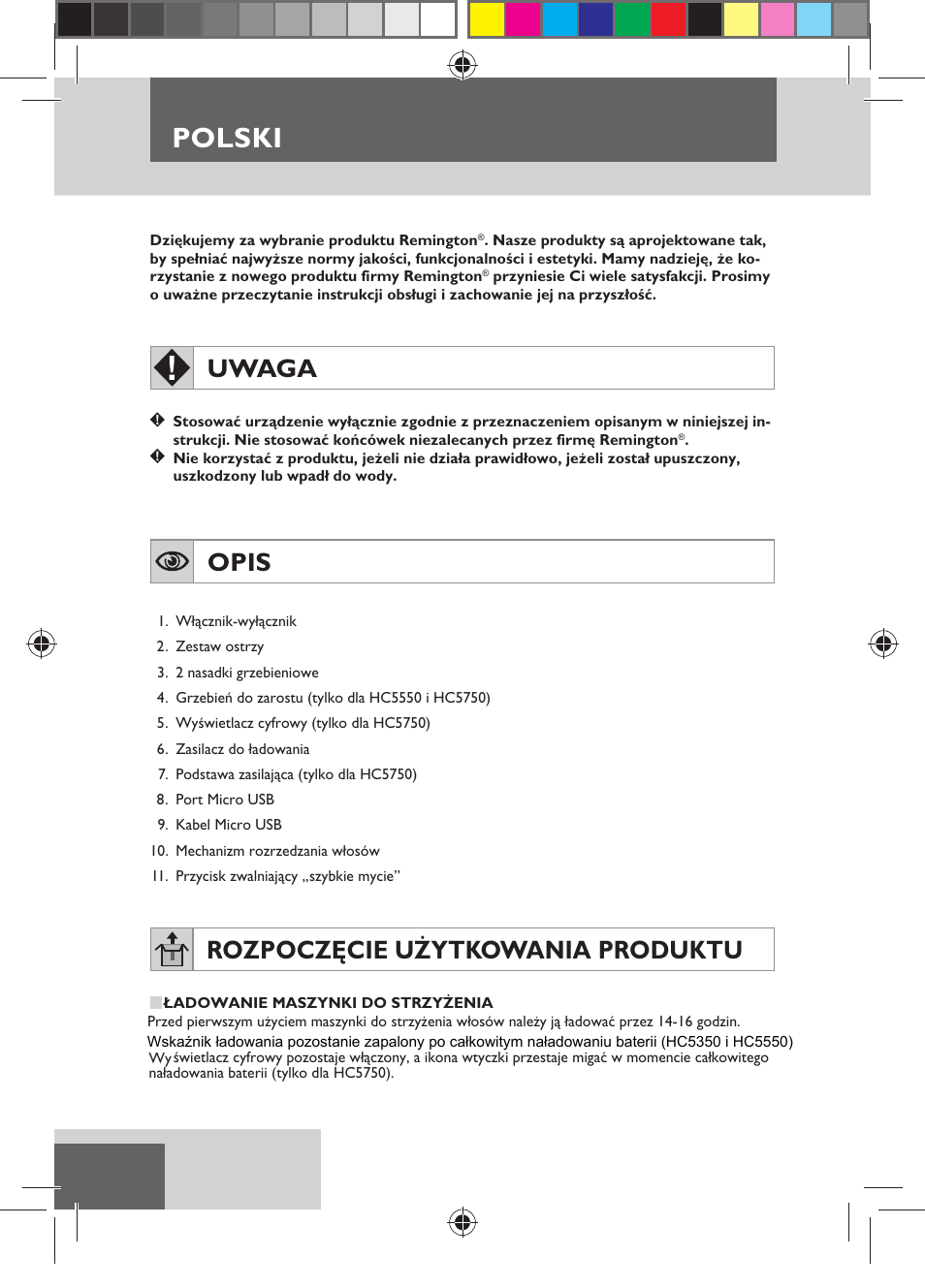 Polski, Uwaga, Opis | Rozpoczęcie użytkowania produktu | Remington HC5750 User Manual | Page 94 / 162