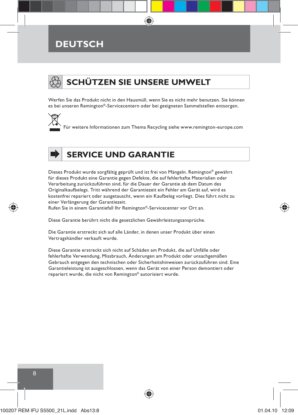 Deutsch, Schützen sie unsere umwelt, Service und garantie | Remington S5500 User Manual | Page 10 / 83