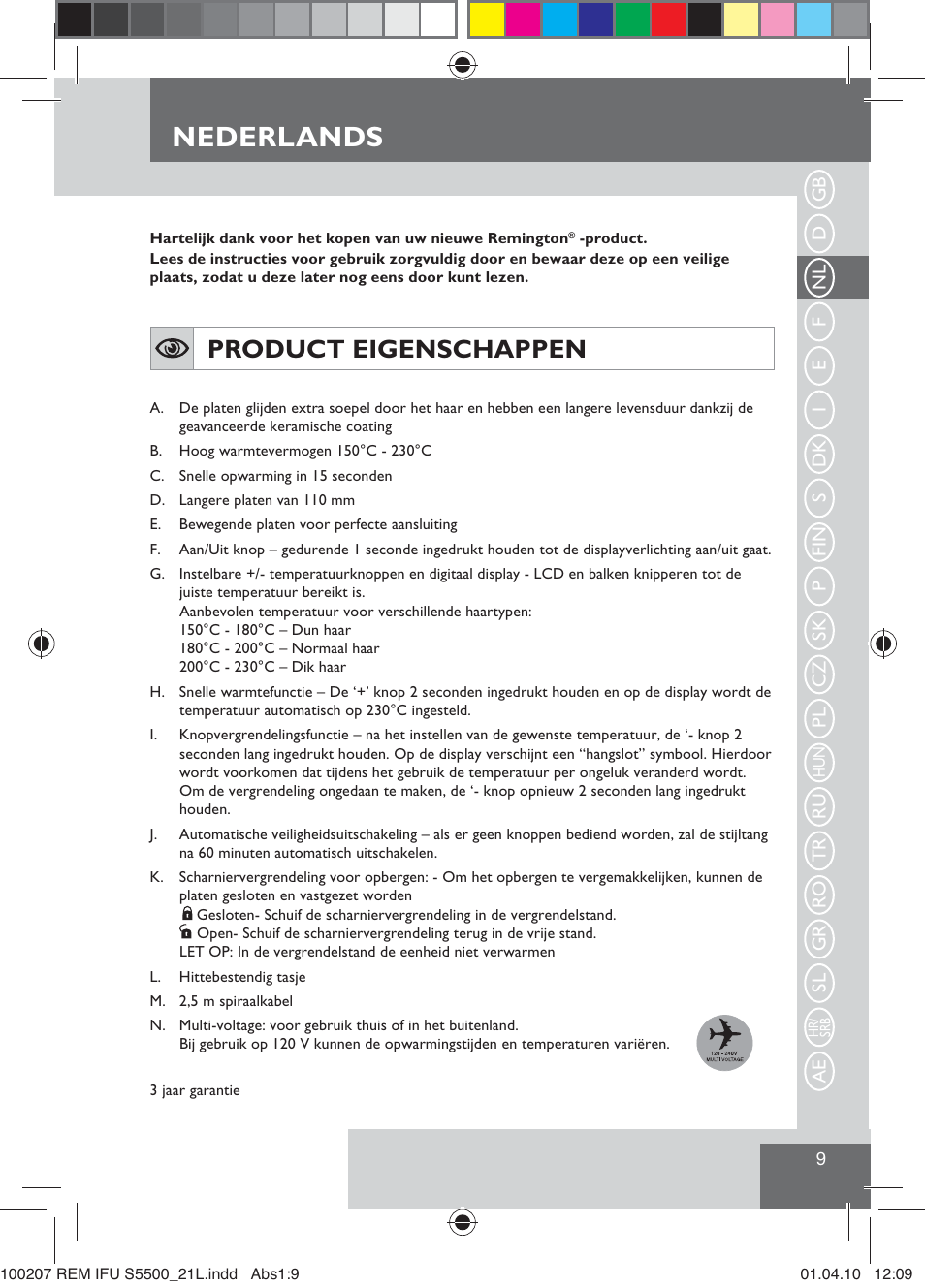 Nederlands, Product eigenschappen | Remington S5500 User Manual | Page 11 / 83