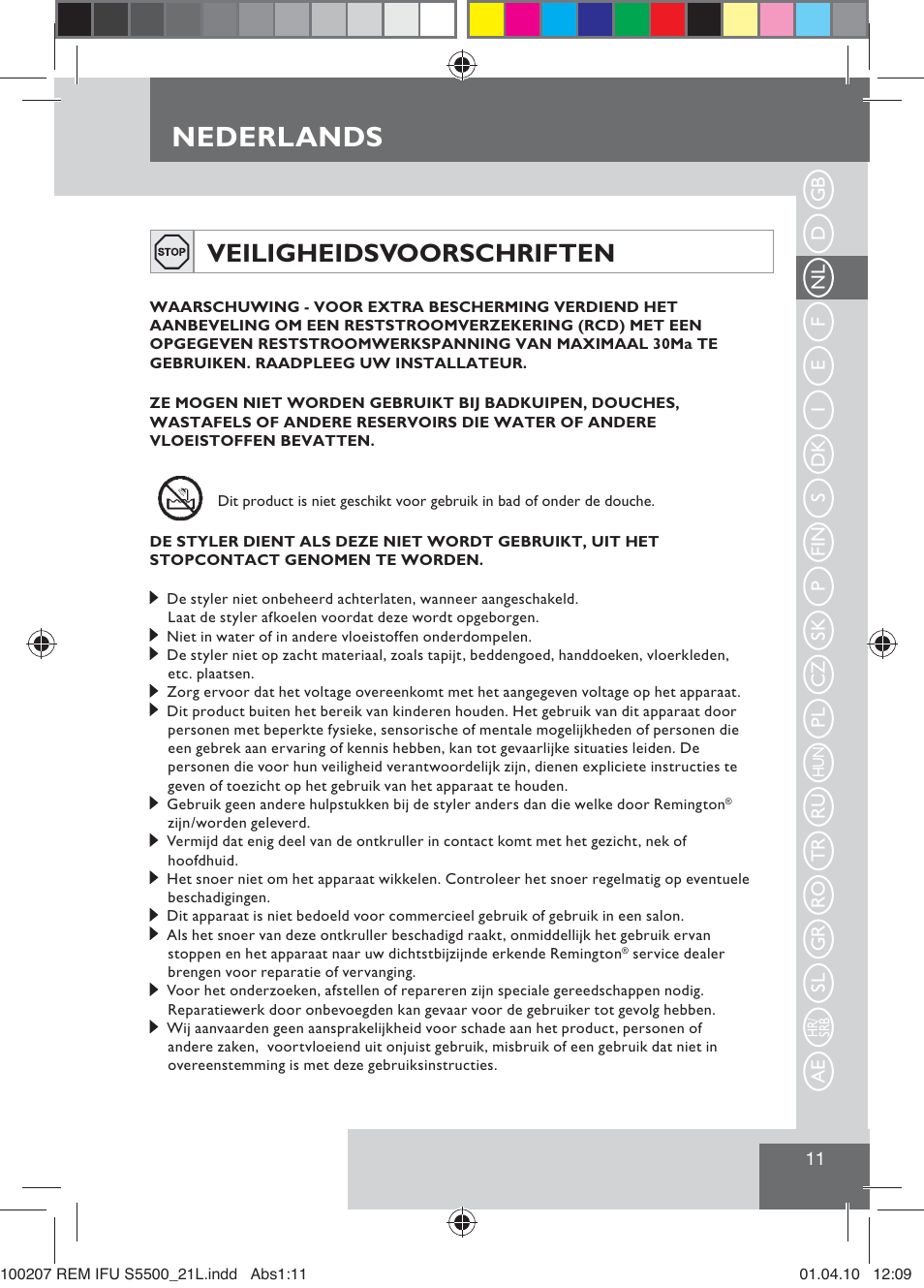 Nederlands, Veiligheidsvoorschriften | Remington S5500 User Manual | Page 13 / 83