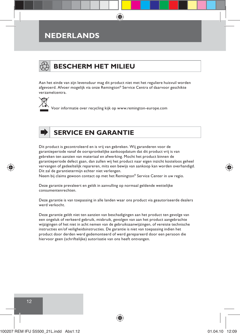 Nederlands, Bescherm het milieu, Service en garantie | Remington S5500 User Manual | Page 14 / 83