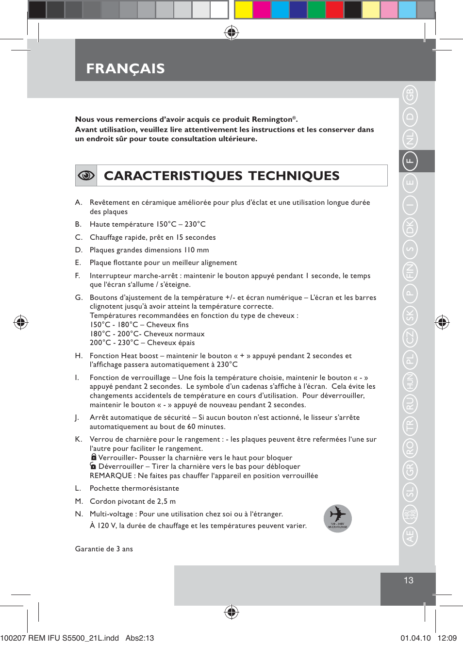 Français, Caracteristiques techniques | Remington S5500 User Manual | Page 15 / 83