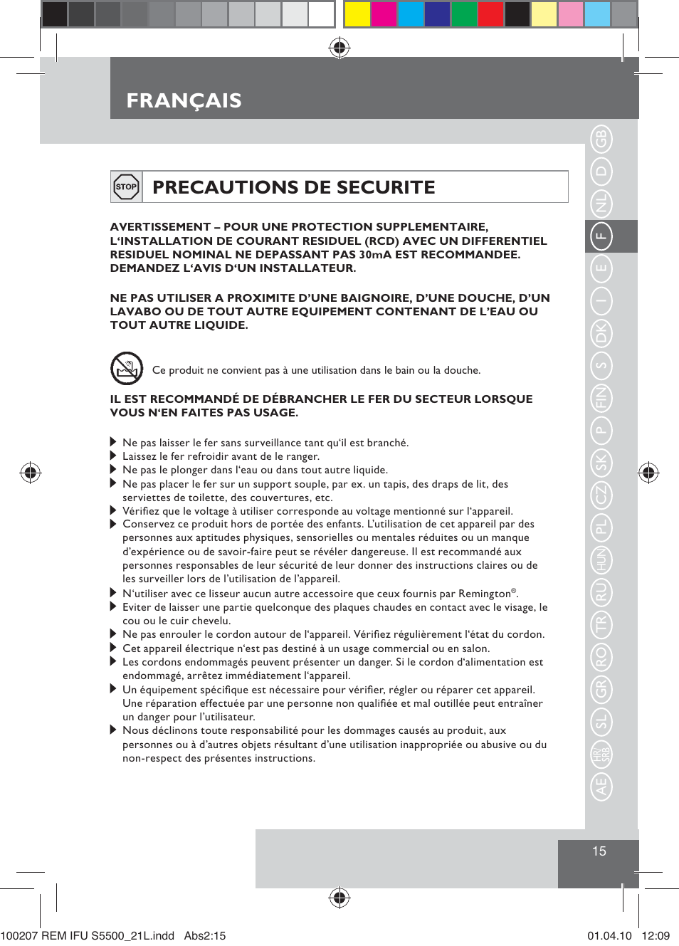 Français, Precautions de securite | Remington S5500 User Manual | Page 17 / 83