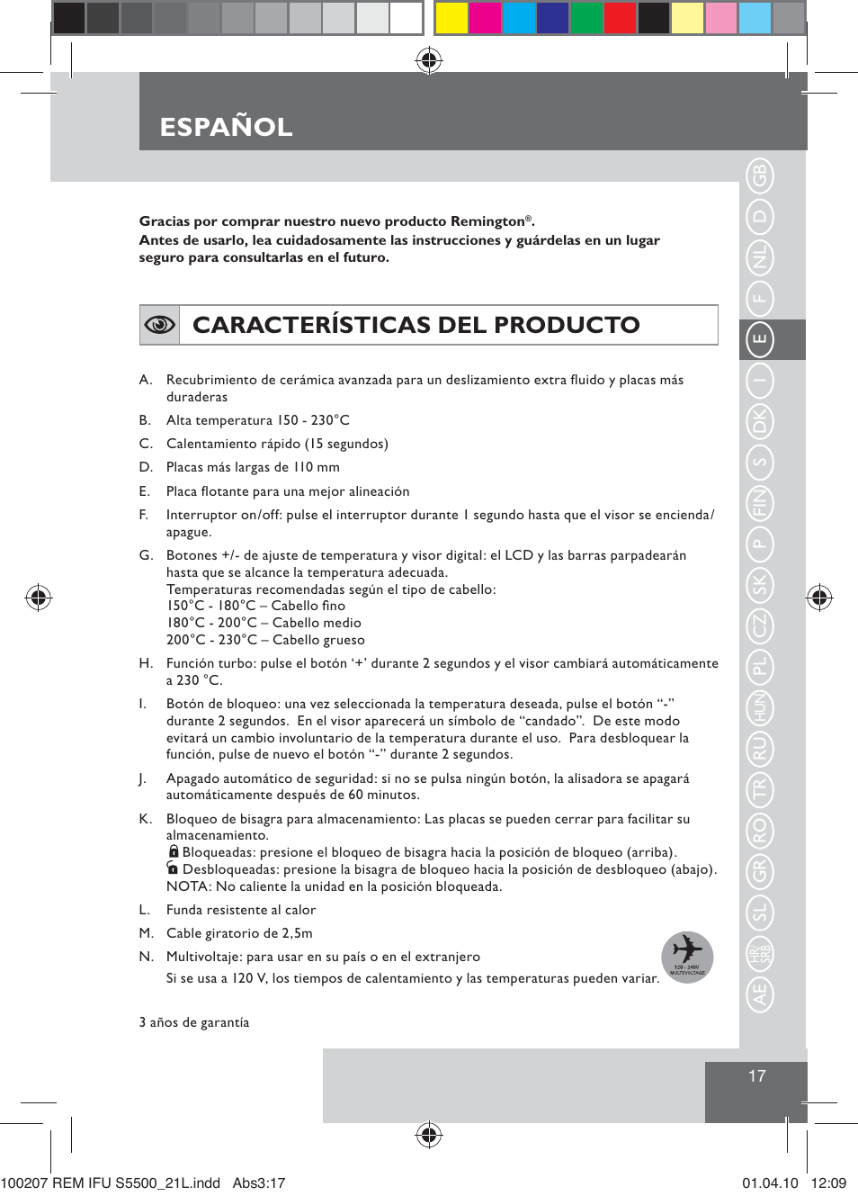 Español, Características del producto | Remington S5500 User Manual | Page 19 / 83