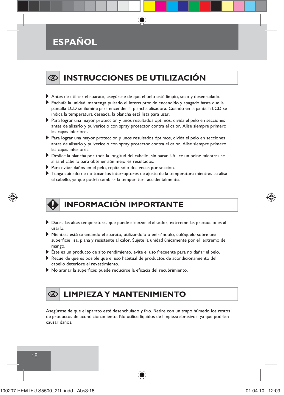 Español, Instrucciones de utilización, Información importante | Limpieza y mantenimiento | Remington S5500 User Manual | Page 20 / 83