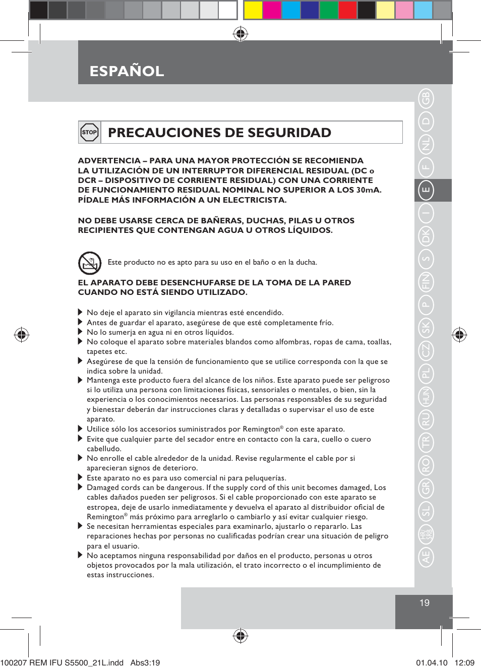 Español, Precauciones de seguridad | Remington S5500 User Manual | Page 21 / 83