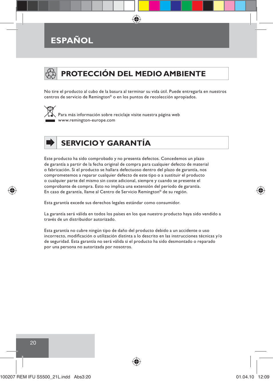 Español, Protección del medio ambiente, Servicio y garantía | Remington S5500 User Manual | Page 22 / 83