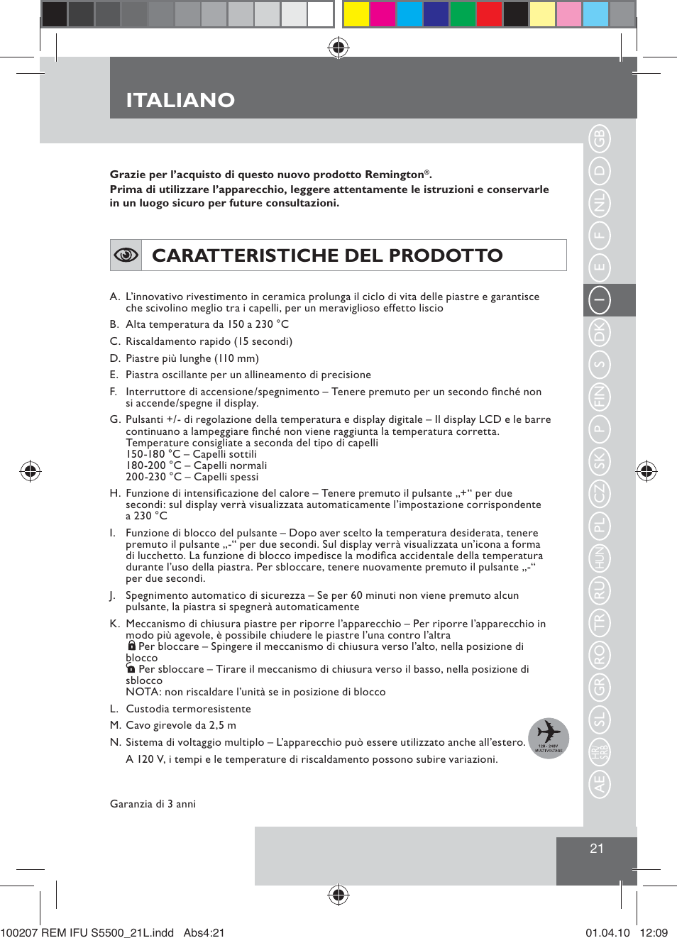 Italiano, Caratteristiche del prodotto | Remington S5500 User Manual | Page 23 / 83