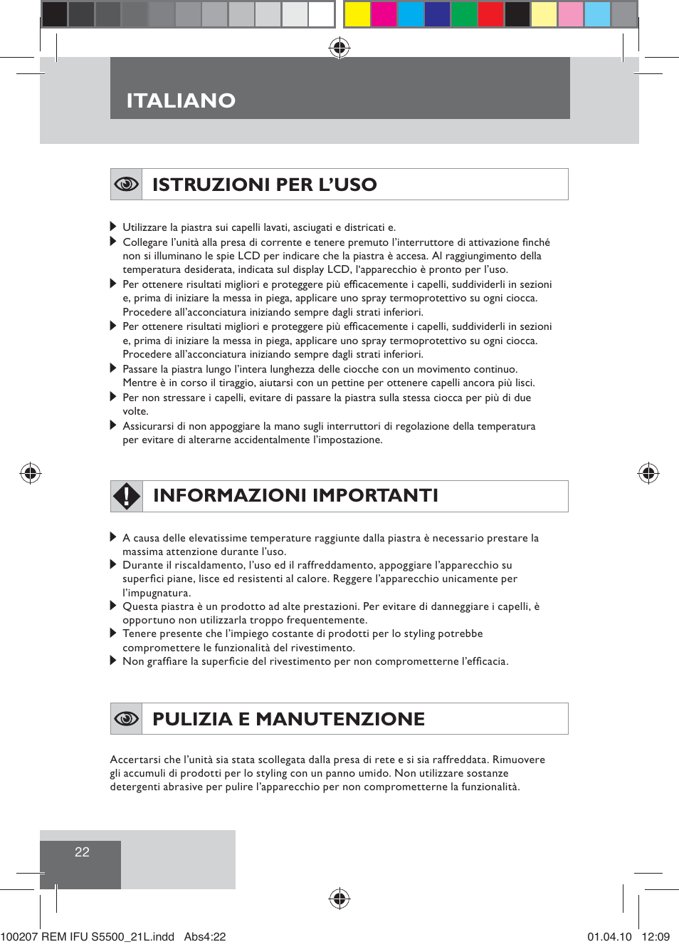 Italiano, Istruzioni per l’uso, Informazioni importanti | Pulizia e manutenzione | Remington S5500 User Manual | Page 24 / 83