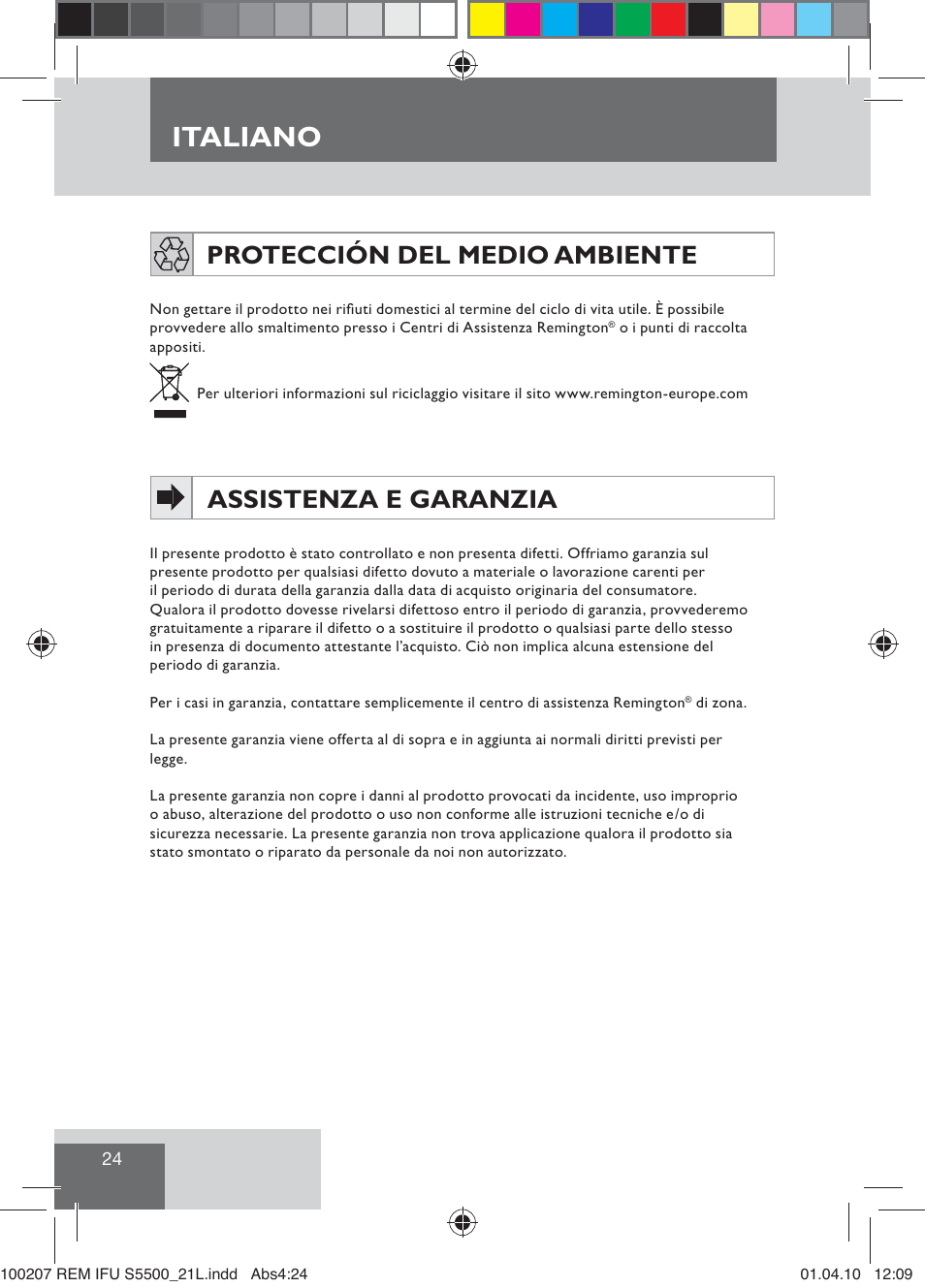 Italiano, Protección del medio ambiente, Assistenza e garanzia | Remington S5500 User Manual | Page 26 / 83