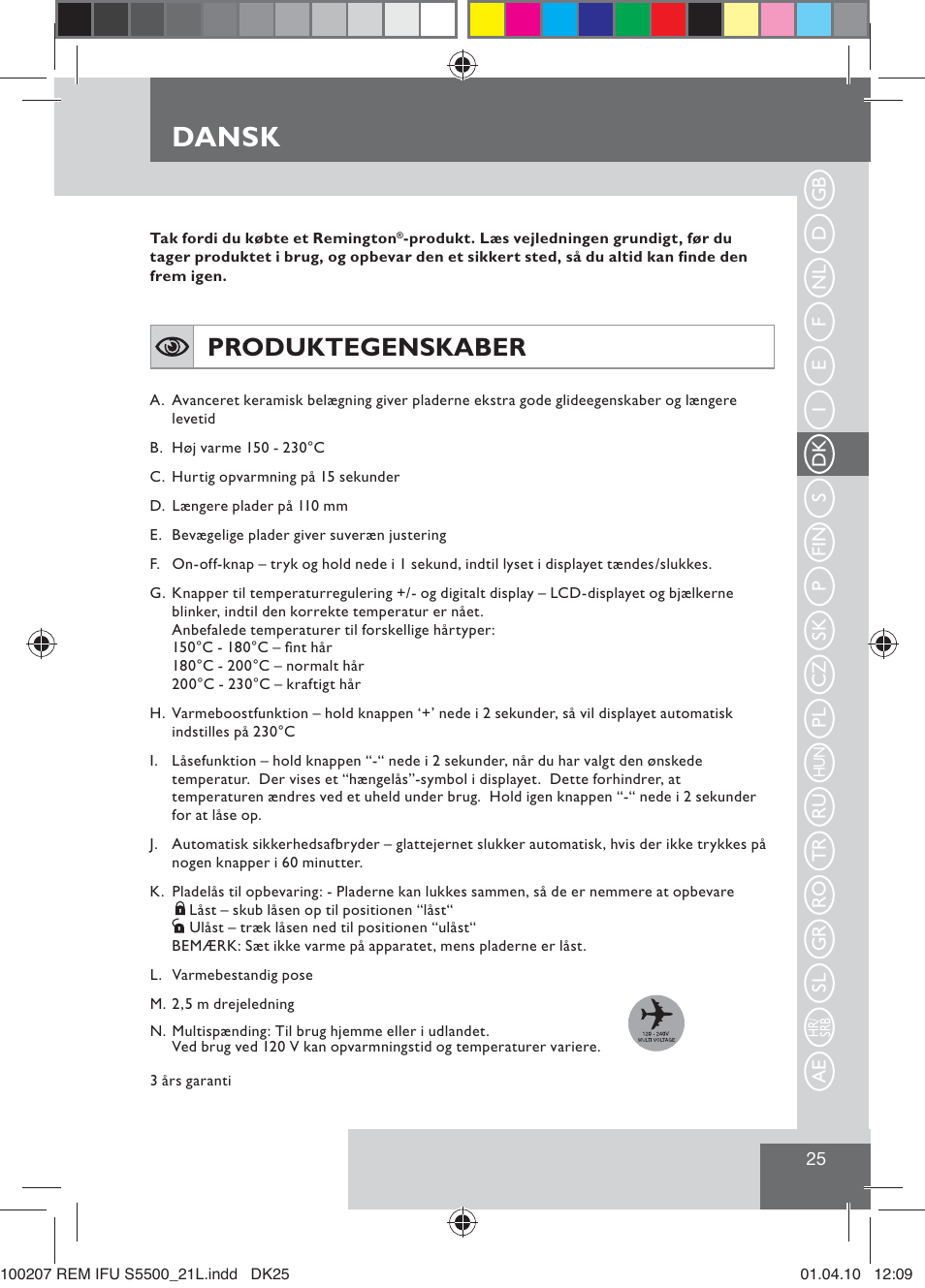 Dansk, Produktegenskaber | Remington S5500 User Manual | Page 27 / 83