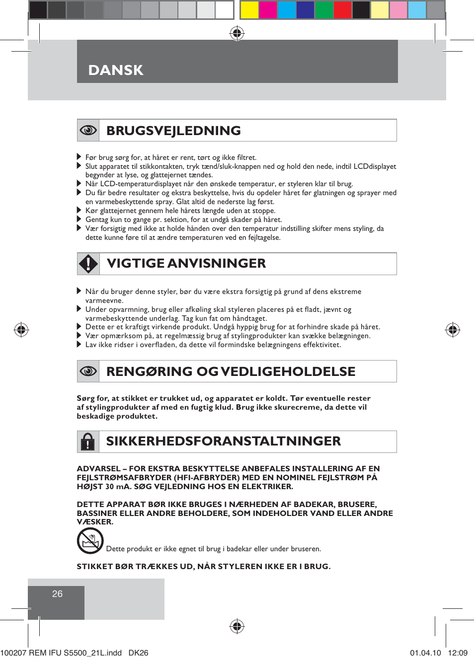 Dansk, Brugsvejledning, Vigtige anvisninger | Rengøring og vedligeholdelse, Sikkerhedsforanstaltninger | Remington S5500 User Manual | Page 28 / 83