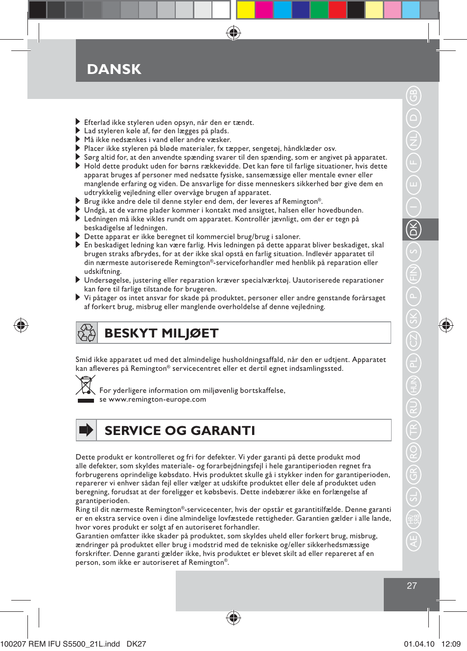 Dansk, Beskyt miljøet, Service og garanti | Remington S5500 User Manual | Page 29 / 83