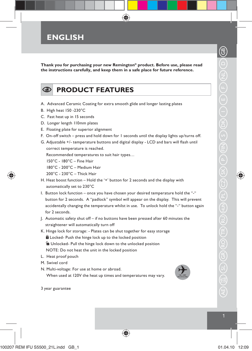 English, Product features | Remington S5500 User Manual | Page 3 / 83