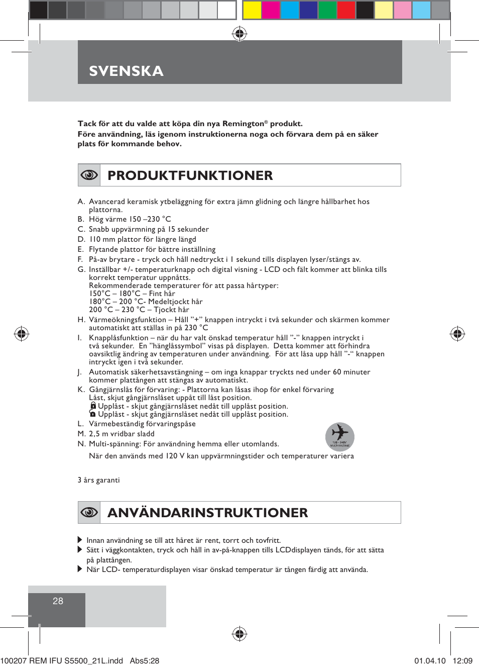 Svenska, Produktfunktioner, Användarinstruktioner | Remington S5500 User Manual | Page 30 / 83