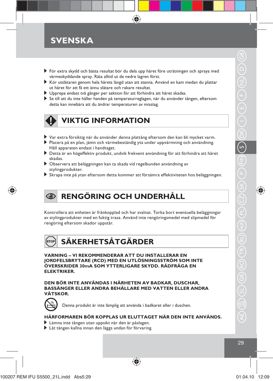 Svenska, Viktig information, Rengöring och underhåll | Säkerhetsåtgärder | Remington S5500 User Manual | Page 31 / 83