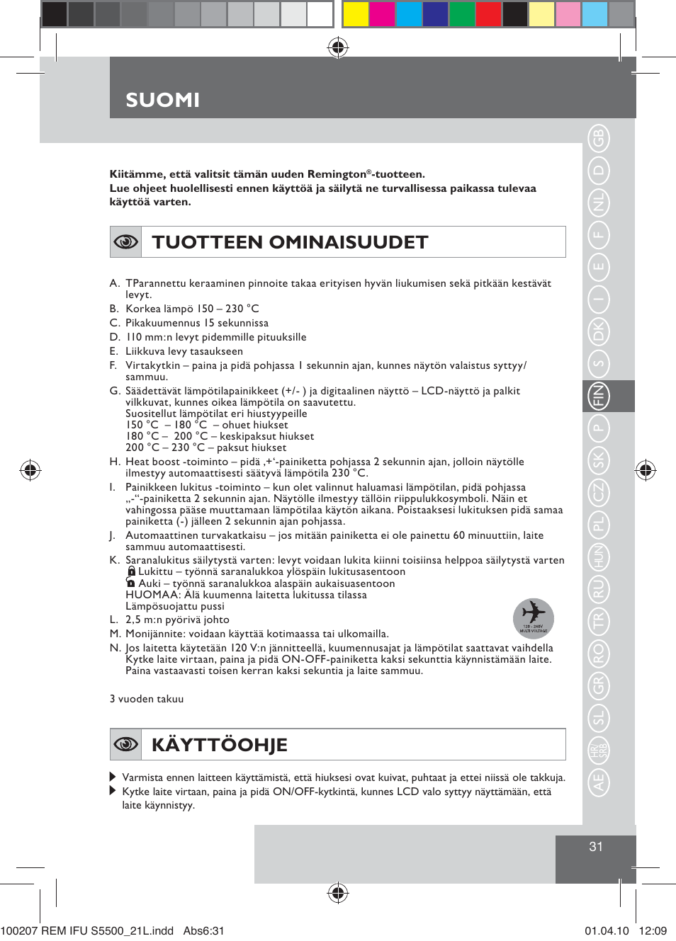 Suomi, Tuotteen ominaisuudet, Käyttöohje | Remington S5500 User Manual | Page 33 / 83