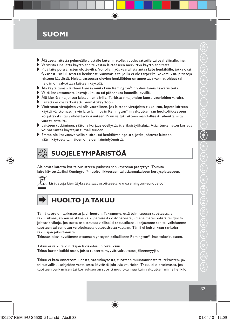 Suomi, Suojele ympäristöä, Huolto ja takuu | Remington S5500 User Manual | Page 35 / 83