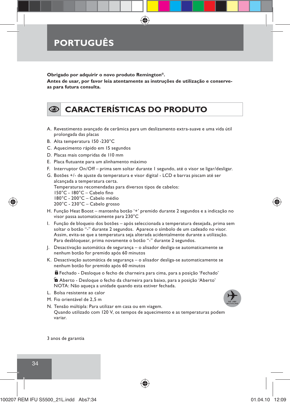 Português, Características do produto | Remington S5500 User Manual | Page 36 / 83