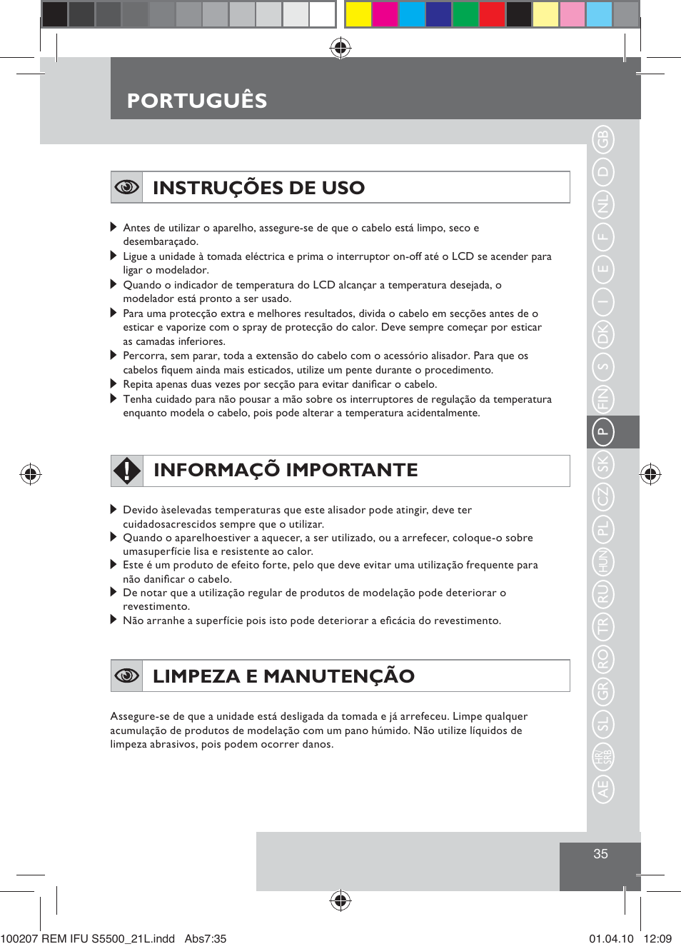 Português, Instruções de uso, Informaçõ importante | Limpeza e manutenção | Remington S5500 User Manual | Page 37 / 83